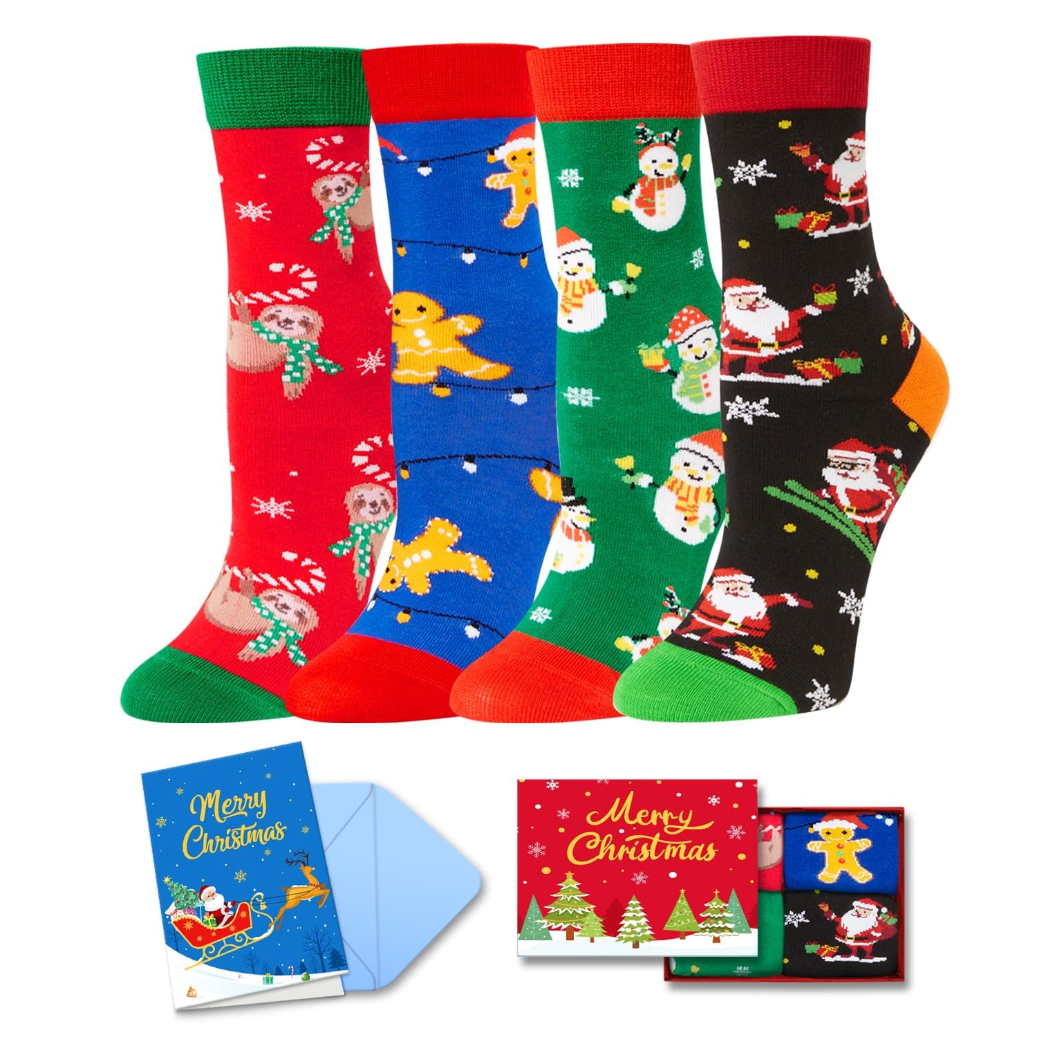 HAPPYPOP Christmas Gifts Stocking Socks for Kids - Xmas Stocking Stuffers for Boys Girls 4 Pack with Greeting Card