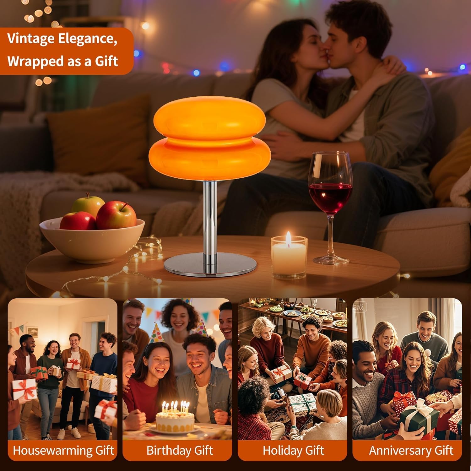Zerodis Bonito Huevo de Vidrio -Lámpara de Mesa de Altura de la Lámpara de Escritorio USB Luz Suave para Niñas Energía -eficiente (ORANGE)