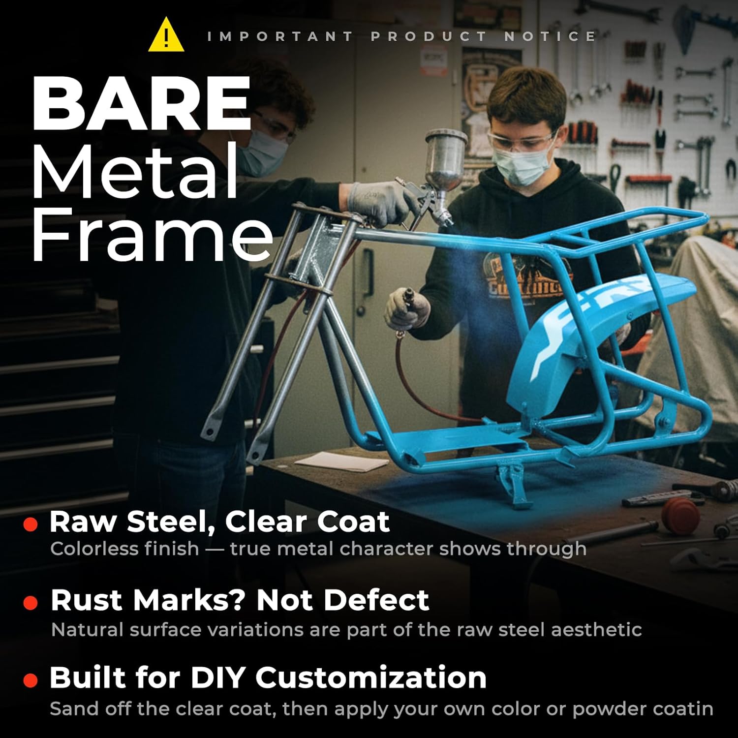 FRP GMB100 Mini Bike Rolling Frame Kit, Engine Not Included,Universal Engine Mount Plate, Hydraulic Disc Brake, Tires & Wheels, Front Fork, Seat & Handlebars, 220 lb Capacity（Raw）