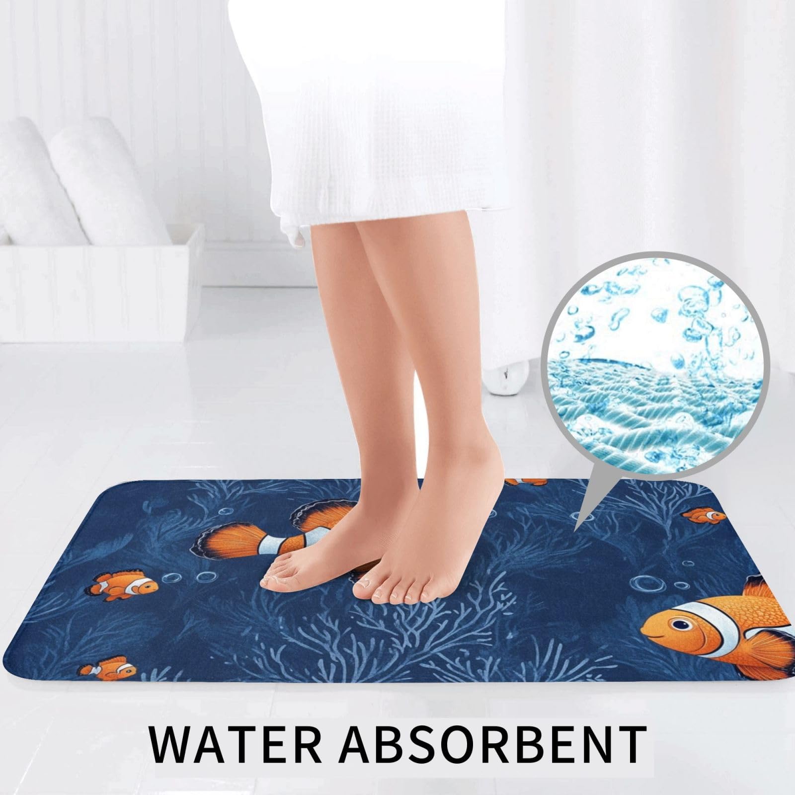 Lot de 3 tapis de salle de bain à fond bleu avec poisson orange, tapis de bain doux et absorbant en mousse à mémoire de forme et tapis de toilette en forme de U, décoration d'intérieur, séchage rapide