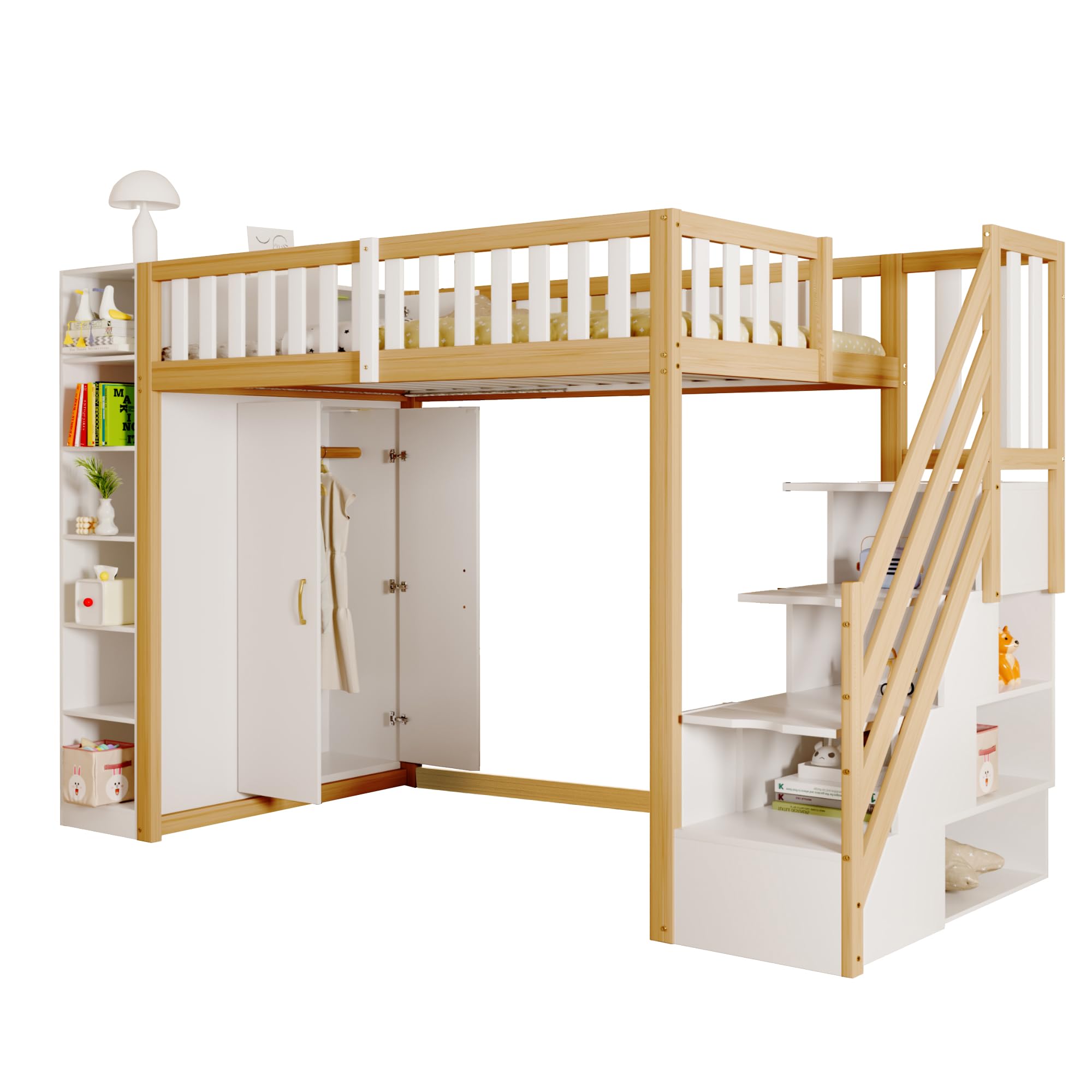 Azkoeesy Letto a soppalco singolo 90x200 cm - scala sicura/spazio di archiviazione/armadio/libreria/scrivania sul letto superiore - legno di pino - per bambini e ragazzi (naturale)