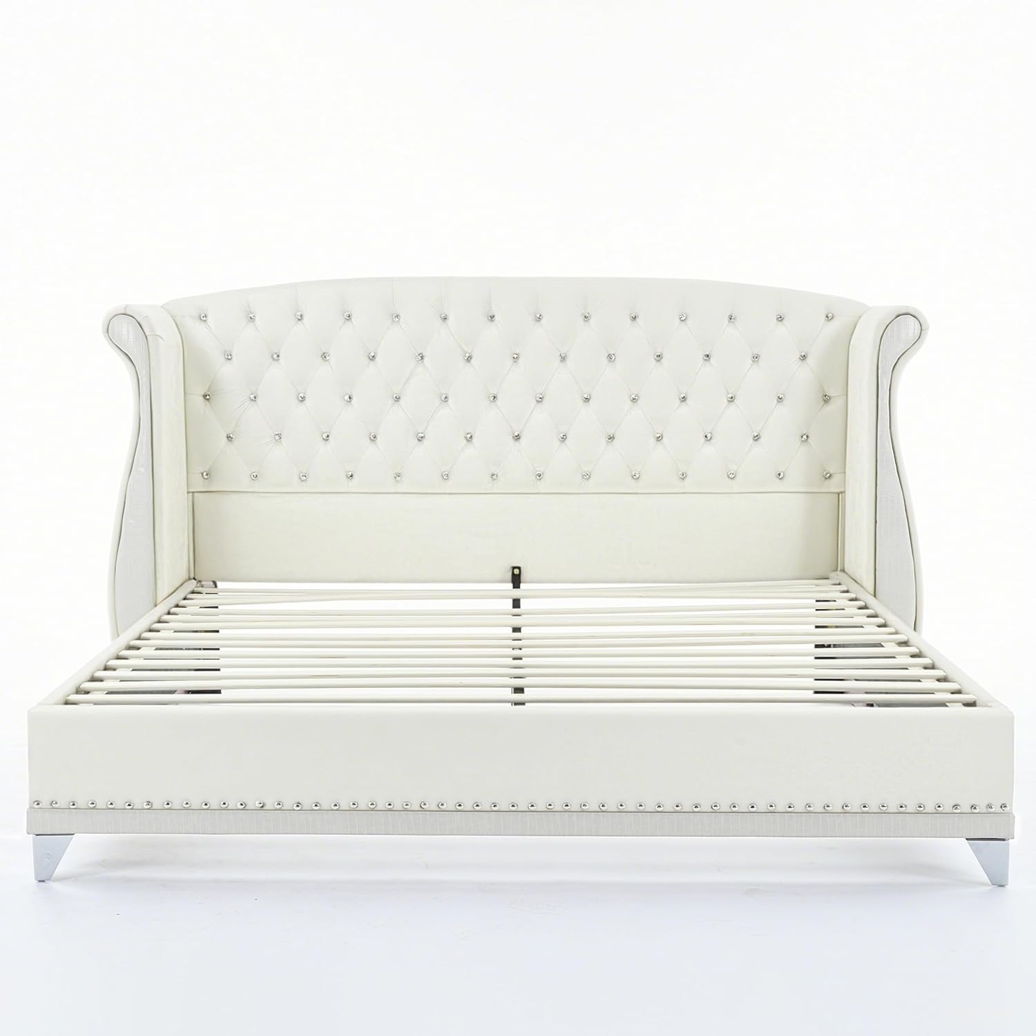 Christopher Knight Home Raelyn Velvet Upholsterted Queen Bed Frame with Headboard, Rectangular Queen Size Bed Frame with Wingback Headboard, Wood Platform Bed Frame, No Box Spring Needed, Beige
