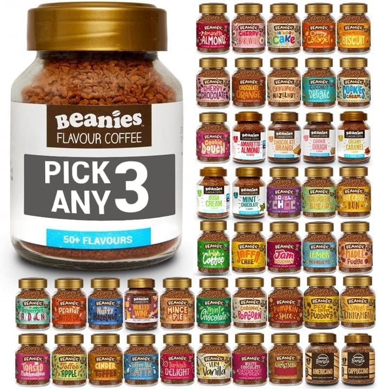 Beanies Flavoured Instant Coffee PICK ANY 3 Jars (50g) from 50+ Flavours Inc. Turkish Delight, Chocolate Orange, Chai Latte, Cookie Dough, Hazelnut, Caramel, Vanilla and More