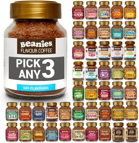 Beanies Flavoured Instant Coffee PICK ANY 3 Jars (50g) from 50+ Flavours (Blends, Barista, Decaf) Inc. Turkish Delight, Chocolate Orange, Chai Latte, Cookie Dough, Hazelnut, Caramel, Vanilla and More!