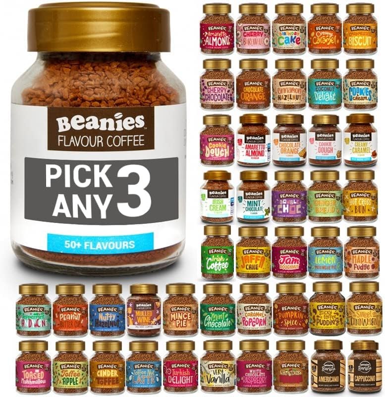 Beanies Flavoured Instant Coffee PICK ANY 3 Jars (50g) from 50+ Flavours (Blends, Barista, Decaf) Inc. Turkish Delight, Chocolate Orange, Chai Latte, Cookie Dough, Hazelnut, Caramel, Vanilla and More!