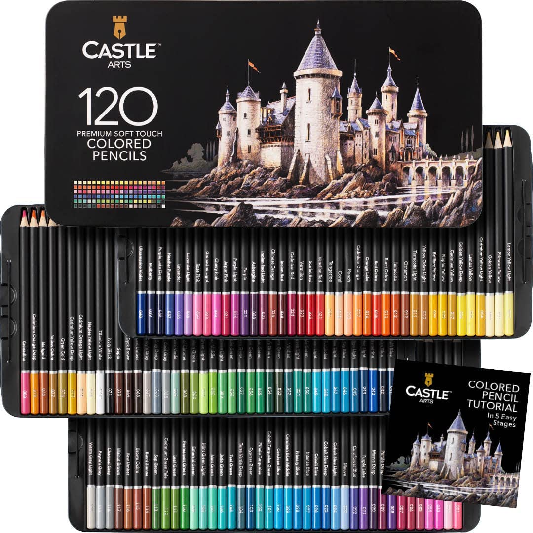 Castle Art Supplies 120 Buntstifte Set | Hochwertige Farbminen mit weichem Kern für Profi-, erfahrene und Farbkünstler | Geschützt und sortiert in einer Präsentationsbox aus Blech