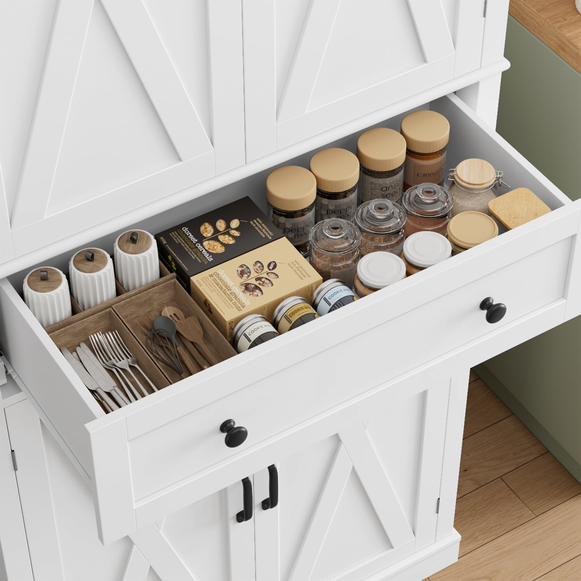 FirFurd Credenza Cucina Alta,Dispensa Cucina con 4 Ante e 1 Cassetti Bianco | Mobile Cucina Dispensa,Antiribaltamento Incluso,Design salvaspazio,Ingombro Ridotto,per Cucina, Soggiorno,78x40x181.5cm