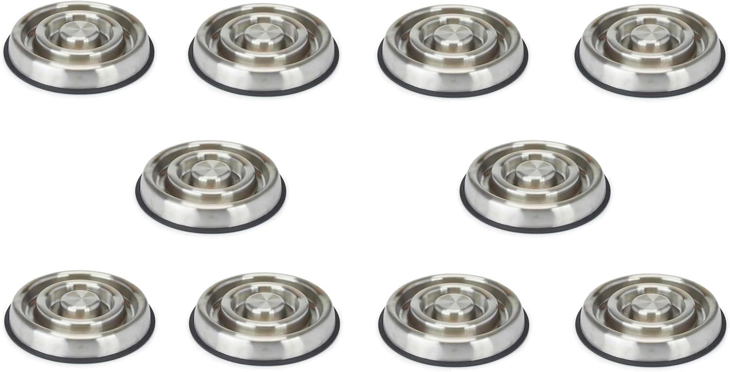 Slow Feeder Dog Bowls Heavy Stainless Steel Non Skid No Tip 10 Dish Bulk Packs (Small - 9.5 Ounce)