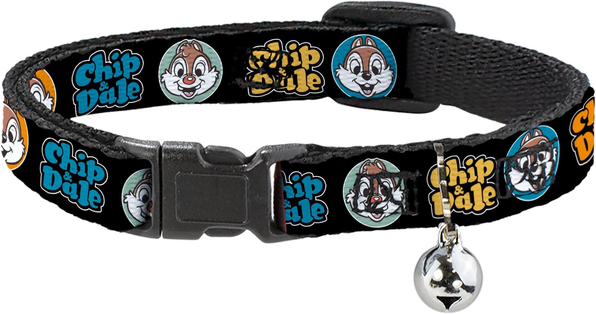 Buckle-Down Disney Cat Collar, Breakaway Collar with Bell, Chip and Dale Expression Bubbles Black Multi Color, 8.5 to 12 Inches 0.5 Inch Wide
