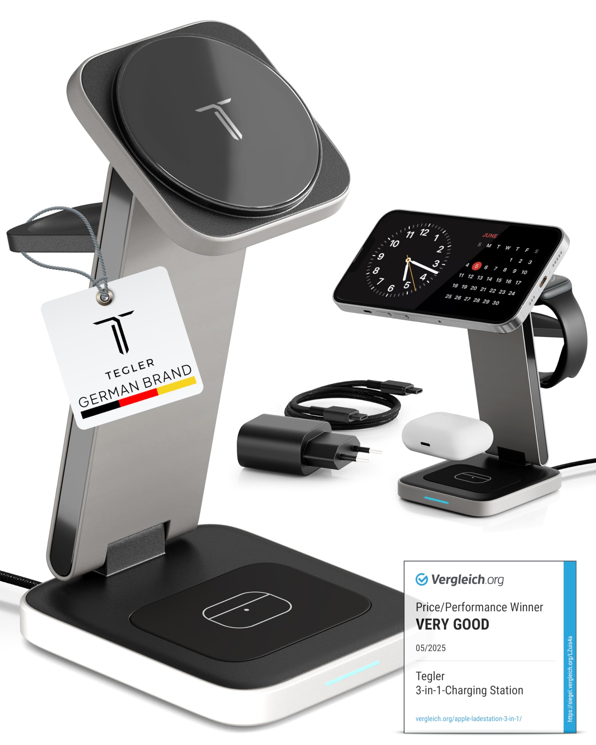 TEGLER Caricatore Wireless iPhone 20W – Stazione di Ricarica Apple 3 in 1 per iPhone, Apple Watch e AirPods – Base Ricarica Pieghevole in Alluminio, Caricatore Rapido MagSafe