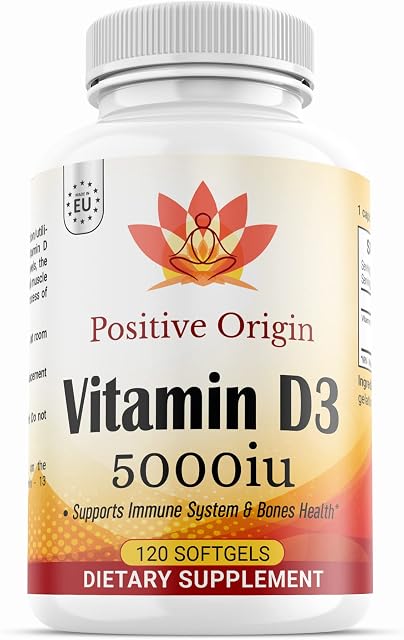 Positive Origin Vitamin D3 5000IU Ultra Strength - Dietary Supplement for Immune Support, High Strength Softgels, Gluten-Free Supplements for Strong Bones & Cardiovascular Function