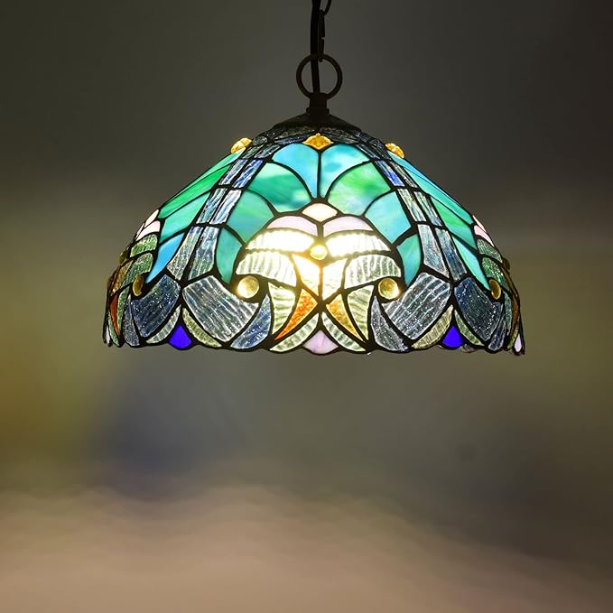 BAJEKO Tiffany Tegenhanger Licht Inrichting voor Eetkamer, 12 inch Barok Stijl Groen Gebrandschilderd Glas Hangende Lamp voor Keuken Eiland Bar Hal Woonkamer Slaapkamer photo 2
