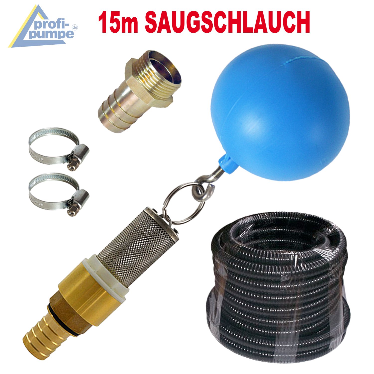 Ansaug-Set Für HAUSWASSERWERK JETPUMPE SCHWIMMENDE ENTNAHME Ansaug-Sets ohne/mit Schlauch, mit Schwimmerkugel, Schlauchtülle und mit/ohne Rückschlagventil aus Messing (Set 3 (inkl. 15m Schlauch))