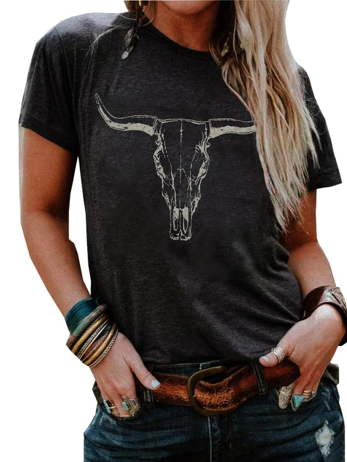 Country Music Shirt for Women Cow Skull Shirts Western Graphic T Shirts Rodeo Cowboy Short Sleeve Casual Tee Tops