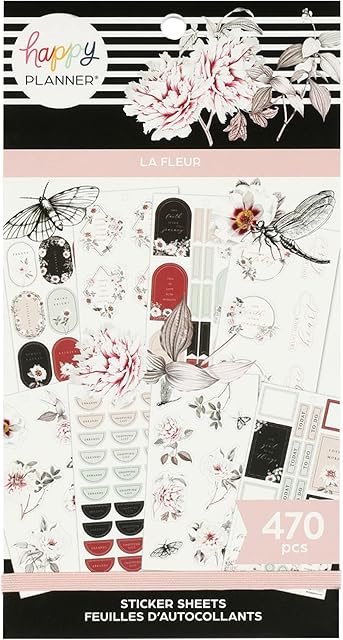 Happy Planner Sticker Pack for Calendars, Journals, and Diaries, Multicoloured Scrapbook Accessories, Aesthetic Planner Stickers, La Fleur Theme, Classic Size, 30 Sheets, 470 Total Stickers