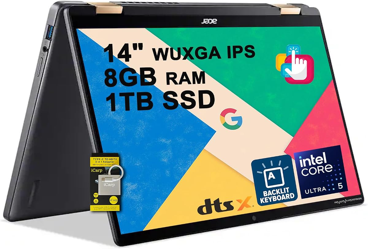 Chromebook Plus Spin 714 2-in-1 Laptop 14" WUXGA IPS Touchscreen (100% sRGB) Intel 8-core Ultra 5 115U 8GB RAM 1TB SSD Backlit Type-c Long-Lasting Battery ICP Hub w/Google AI