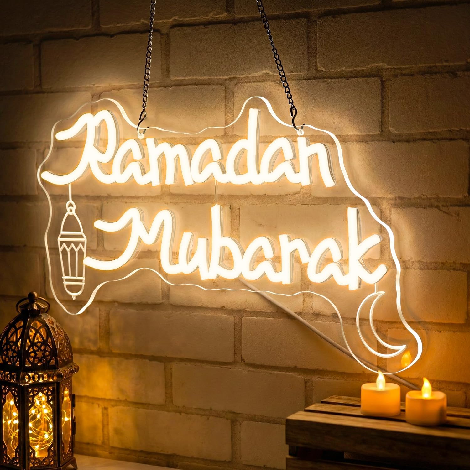 Ramadan Mubarak Neon Sign,Islamic LED Neon Light with Lantern,USB Powered Dimmable Wall Decor for Ramadan Party,Muslim Home Decoration,Eid & Ramadan Holiday Neon Sign