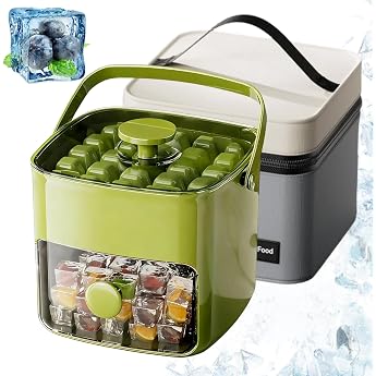 48 Ice Cube Maker with Easy Press Lid Double Tier Ice Cube Tray with Handle Reusable Instant Ice Cube Maker with Storage Box Green + Insulated Bag
