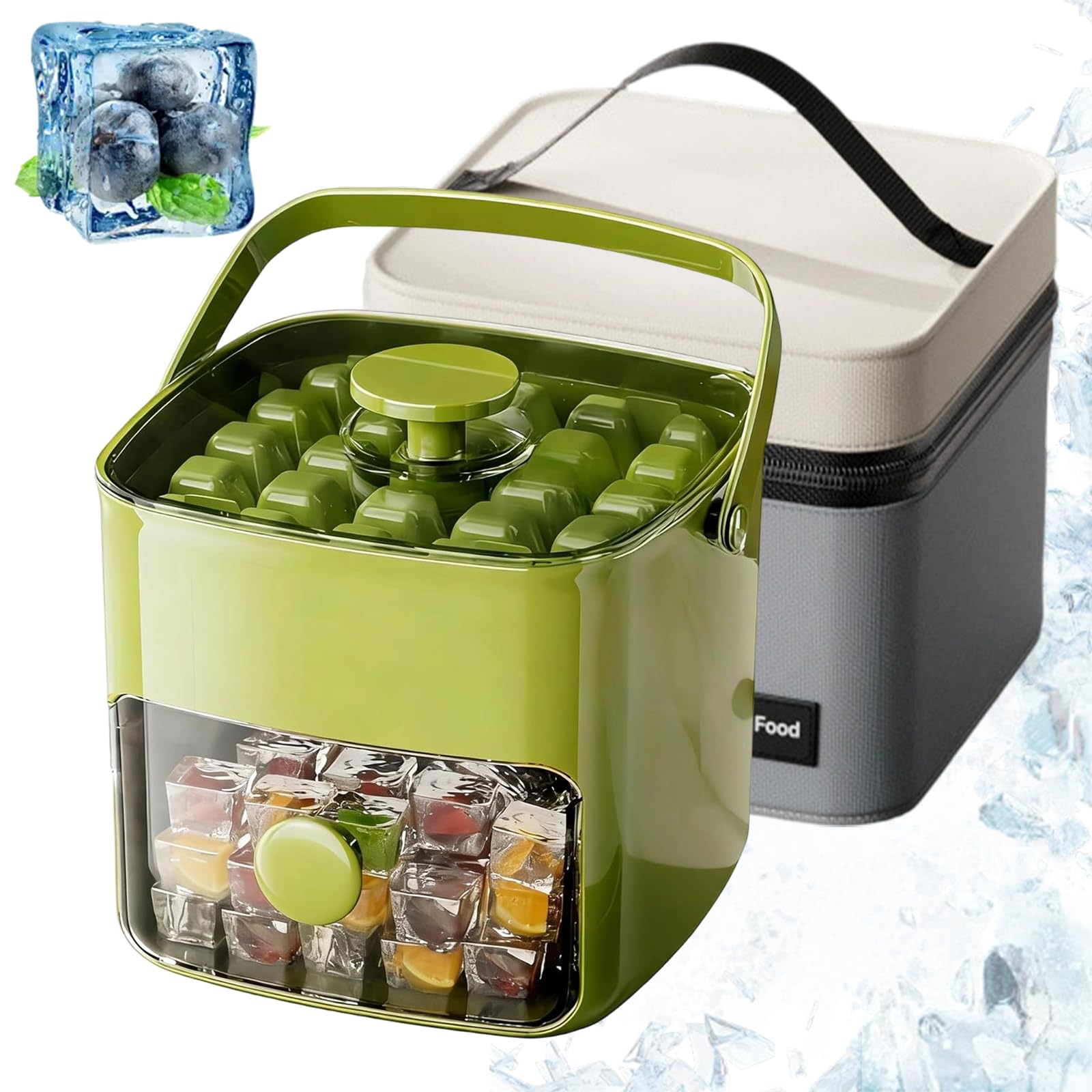 Cubitera de 48 Cubitos con Tapa de Presión Fácil, Bandeja Portátil de Doble Capa con Recipiente y Pinzas, Molde de Silicona de Liberación Rápida para Congelador (Green + Insulated Bag)