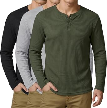 Arssm 3 Pack Mens Waffle Henley Shirts Long Sleeve Cotton Casual T-Shirts Lightweight Thermal Undershirts