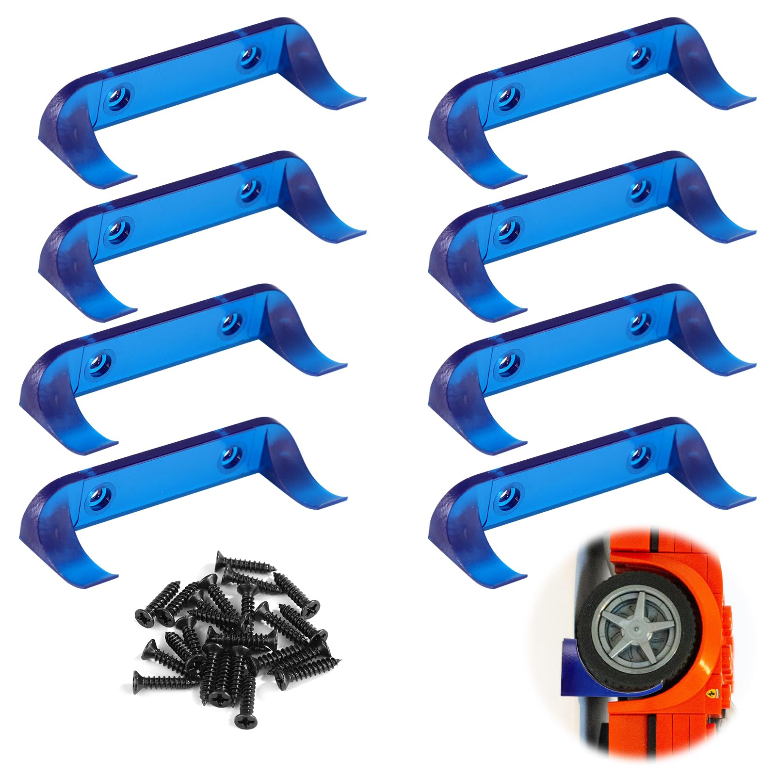 8pcs Car Display Wall Mount, Blue Stable Vertical Model Stand Shelf with Screws Toy Holder Compatible with Speed Champion for Collection Enthusiasts