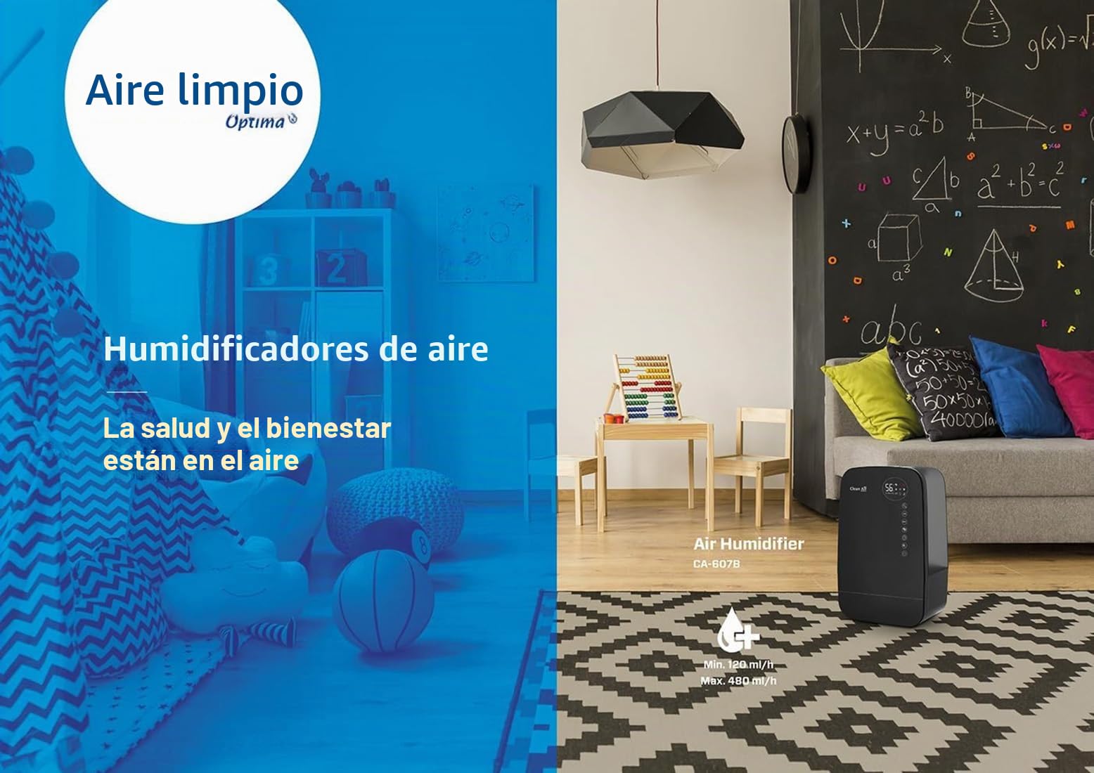 Clean Air Optima – Humidificador de aire ultrasónico + ionizador CA-607B – Adecuado para habitaciones pequeñas y grandes de hasta 65 m²/160 m³ – Capacidad máxima de humidificación. 480 ml/h