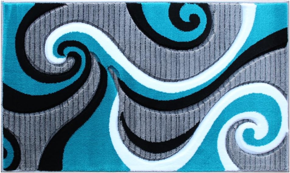 Masada Sophia Collection Hand Carved Modern Contemporary Turquoise White Grey Black Welcome Mat, Doormat, Bathroom Rug, Kitchen Mat, Small Space Rug (2 Feet X 3 Feet 4 Inch)