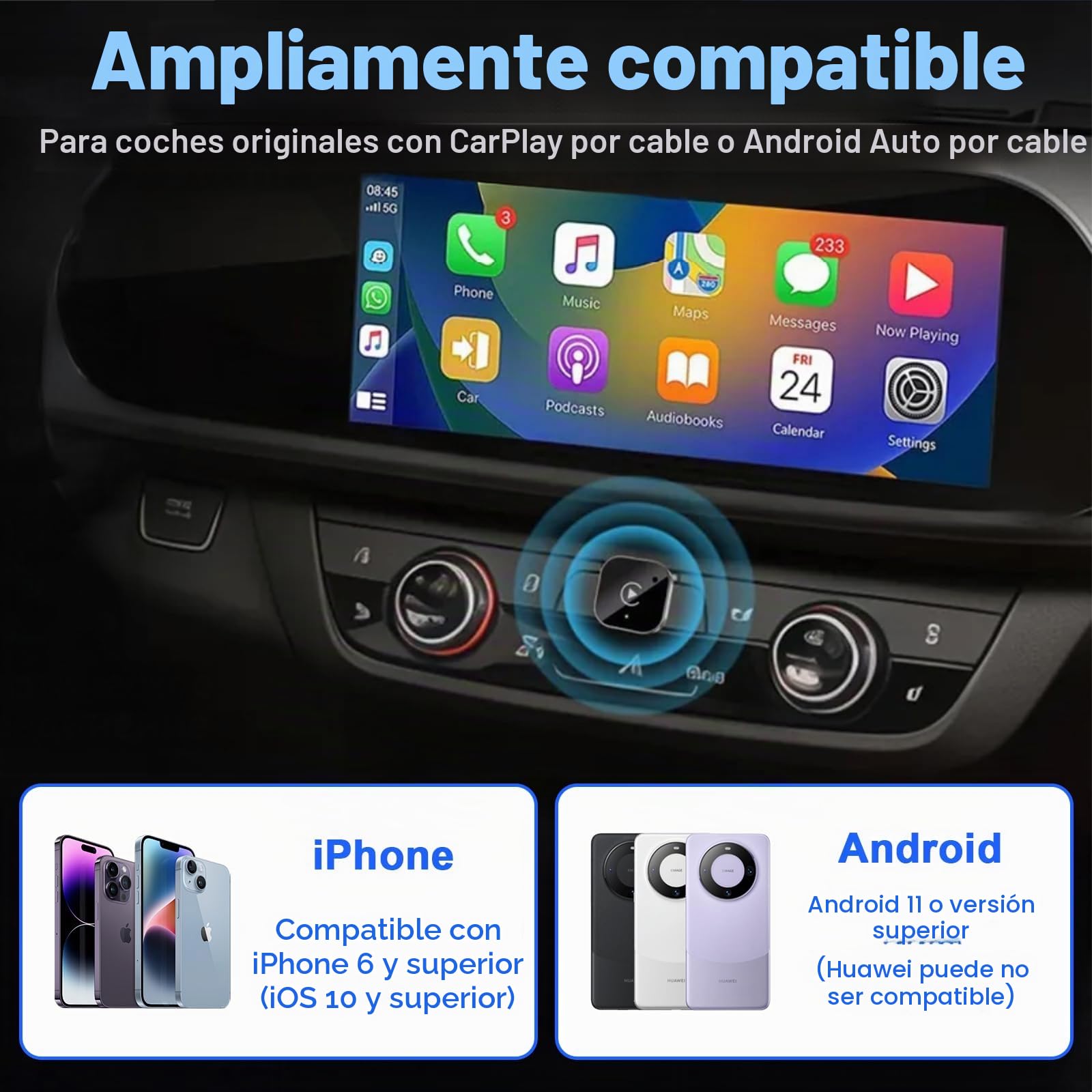 Mini Adaptador Carplay Android 2 en 1 Inalámbrico para iPhone/Android Plug and Play Convierte de Cableado a Inalámbrico Adaptador Car Play Compatible con iPhone iOS 10+