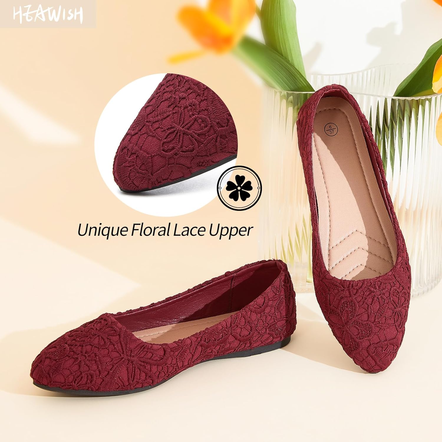 HEAWISH Womens Black Flats Flower Embroideried Lace Ballet Flats Pointed Toe Comfortable Dress Shoes for Women - Image 5