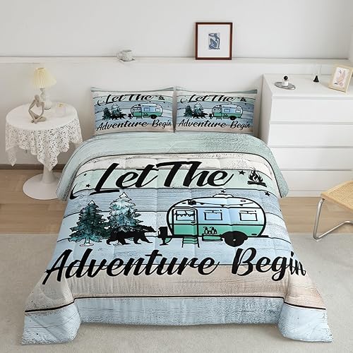 Miniatura 2 de Erosebridal Juego de ropa de cama de camping feliz para caravana, diseño de oso de pino, diseño de oso a mano, edredón retro de granja, edredón de