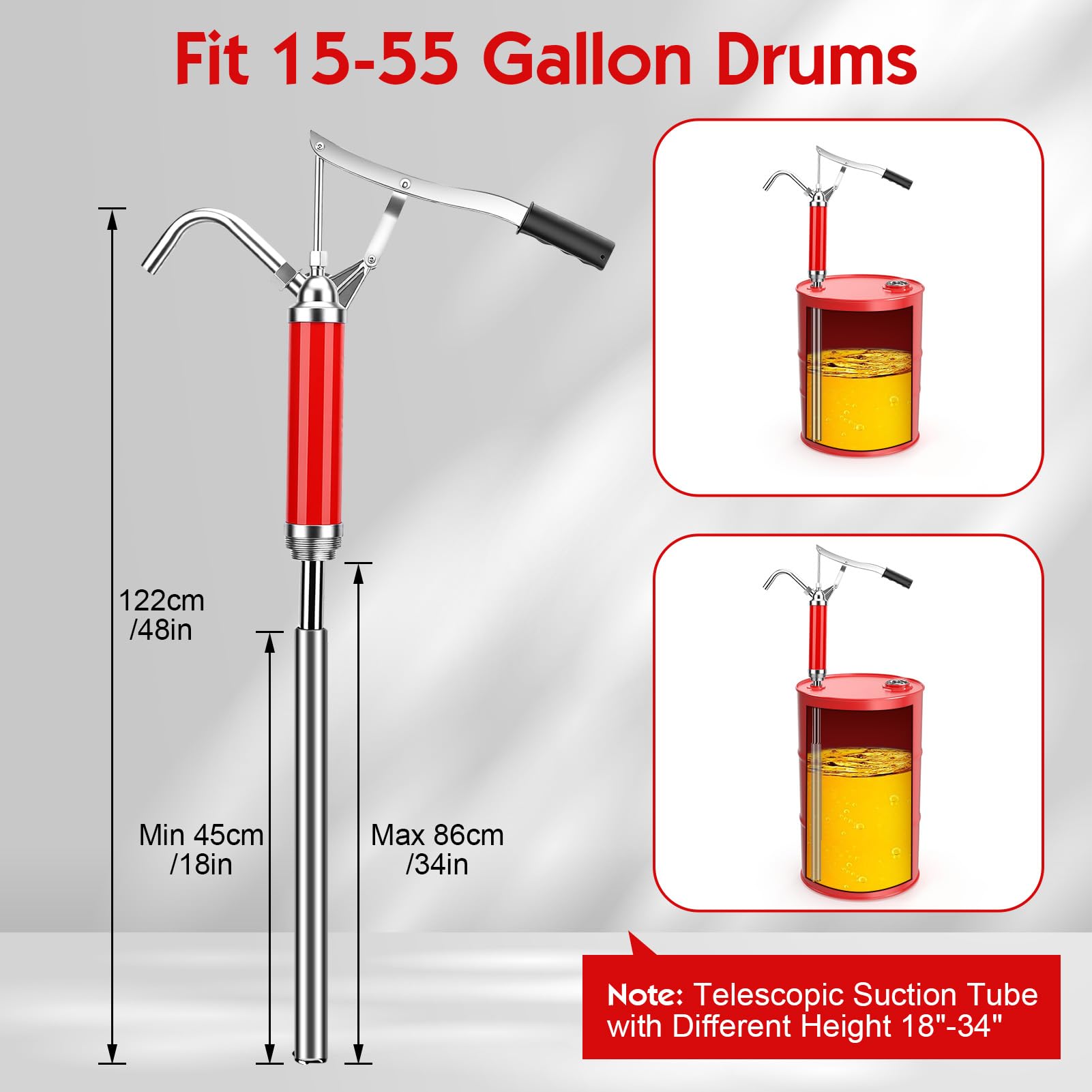 Pompe à Levier pour Fûts à Huile pour Tambour de 15 à 55 Gallons, Débit 28 L/Min, Rouge Pompe à Baril Manuelle avec Tube d'Huile Rétractable de 45 à 88 Cm pour l'Extraction de Huile Combustible
