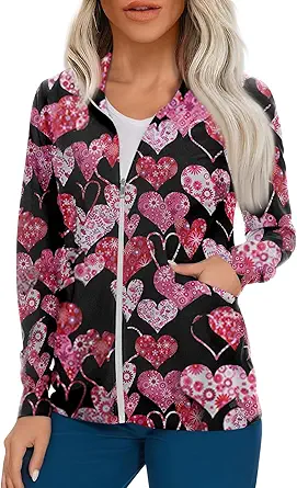 Scrub Jackets for Woman Zip Up Long Sleeve Tops Print Plus Size Womens Scrubs for Women Nursing Shirts with Pockets