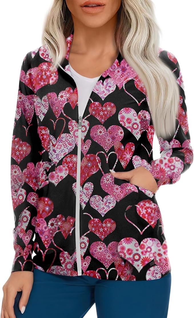 Scrub Jackets for Woman Zip Up Long Sleeve Tops Print Plus Size Womens Scrubs for Women Nursing Shirts with Pockets
