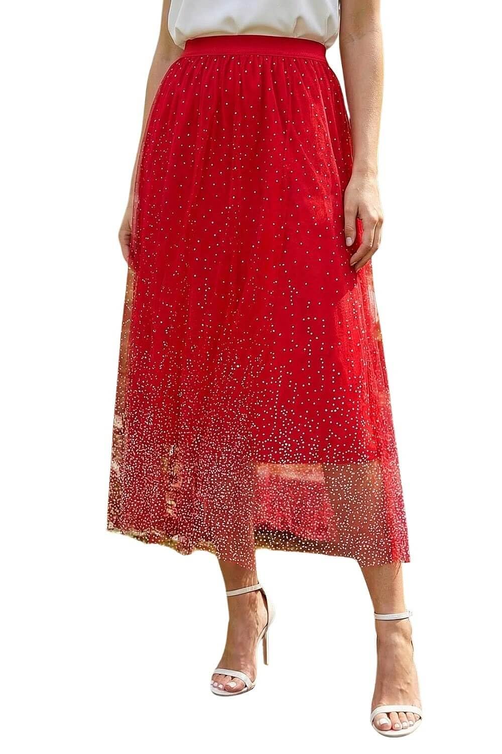 Roman Women's Red Polka Dot Print Elasticated Mesh Skirt Size 14