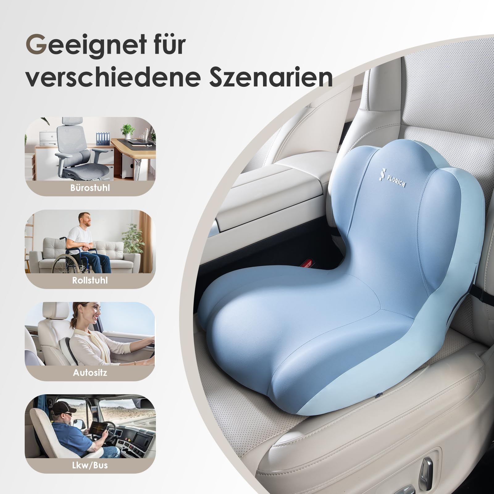 FLORICH Coussin d'assise et Coussin Lombaire en Mousse à Mémoire de Forme pour Siège de Bureau Coussin d'assise Ergonomique pour Voiture pour Siège de Voiture, Chaise de Bureau, Fauteuil Roulant, Bleu