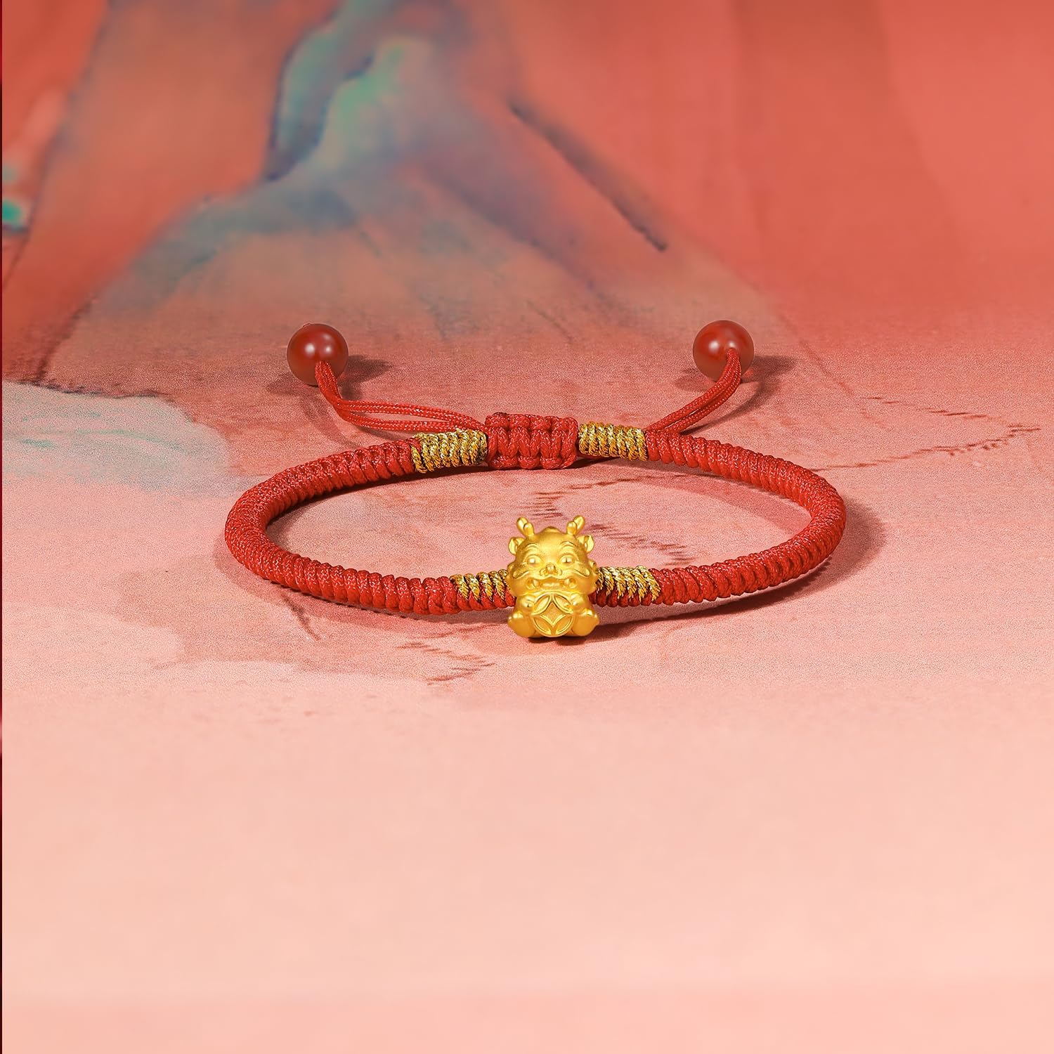 ZHOU LIU FU 24K Gold Bracelet Dragon Charm Bracelets Adjustable Solid Gold Charms Bangle Dainty Bead Red Braided Rope Good Luck Jewelry Trendy Fashion Real Gold Lucky Gifts for Women Men