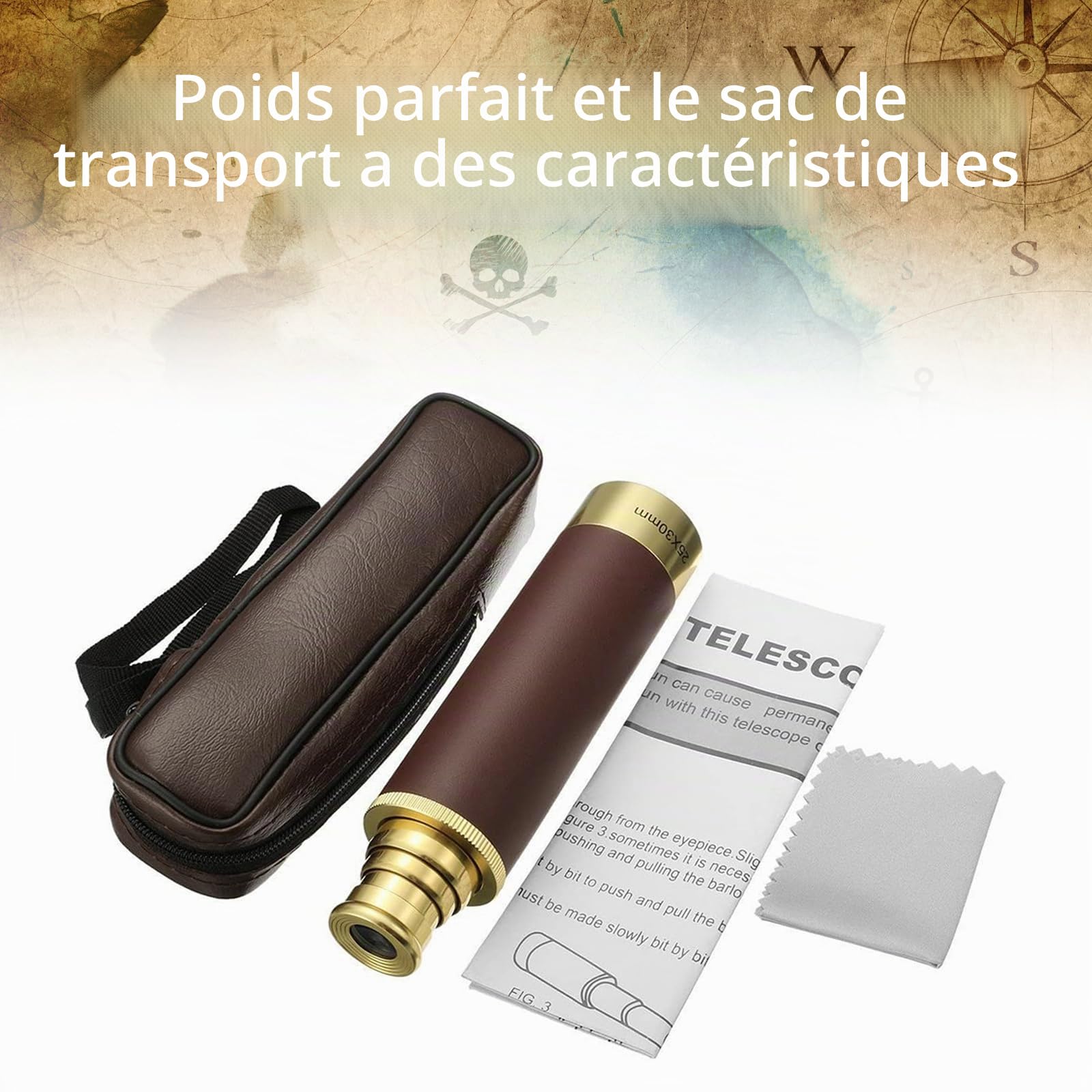 NewDoar 25x30 Télescope Pirate Vintage Monoculaire Zoomable - Télescope Optique Réglable en Laiton Alliage d'Aluminium Étanche pour Voyage Navigation Voile Voyage Voir Regarder Les Jeux