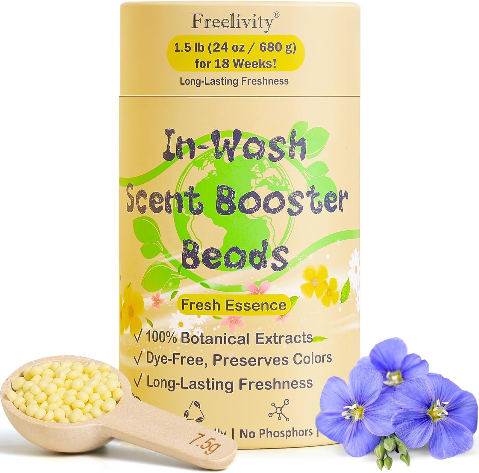 - In‑Wash Scent Booster Beads – Fresh Essence Scent, Laundry Beads fabric softener, 24 oz – Lasts Up to 70 Washing Cycles – Eco‑Friendly & Safe for Babies and Kids