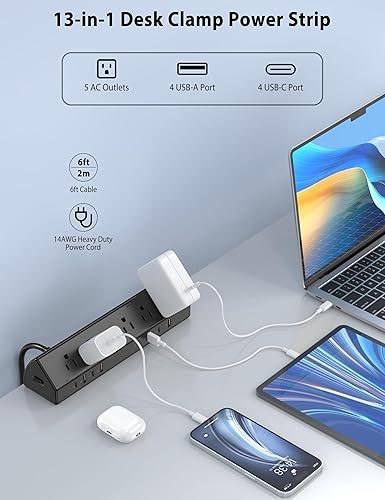 Miniatura 4 de Regleta de alimentación de 65 W, estación de carga rápida de 65 W, 4 PD USB-C, 5 tomacorrientes, protector de sobretensiones en torre de montaje en