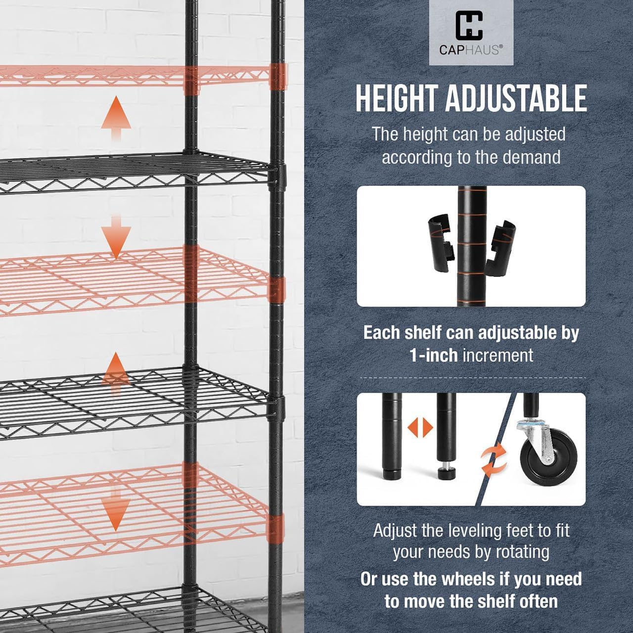 Close-up view of the adjustable height feature of the wire shelving, showing how shelves can be moved up or down in 1-inch increments.