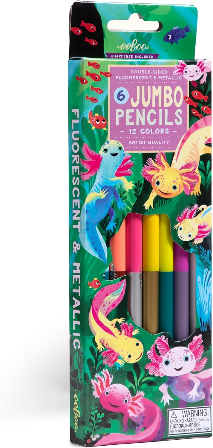 eeBoo: Axolotl Jumbo Double-Sided Colored Pencils – 6 Pencils, 12 Metallic & Fluorescent Colors, Art Supplies for Kids