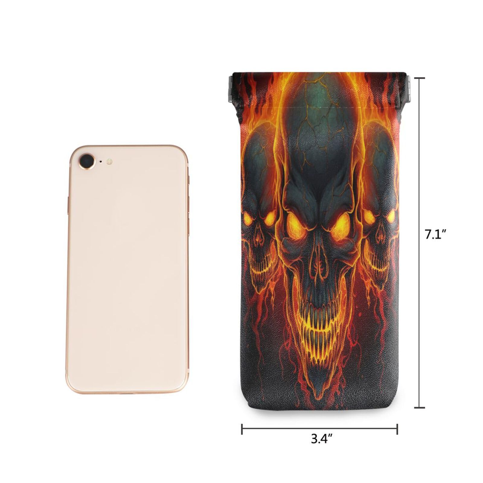 FLildon Fire Skulls Eyeglasses Pouch Squeeze Top Sunglasses Case Soft PU Leather Eyeglass Bag for Men Women
