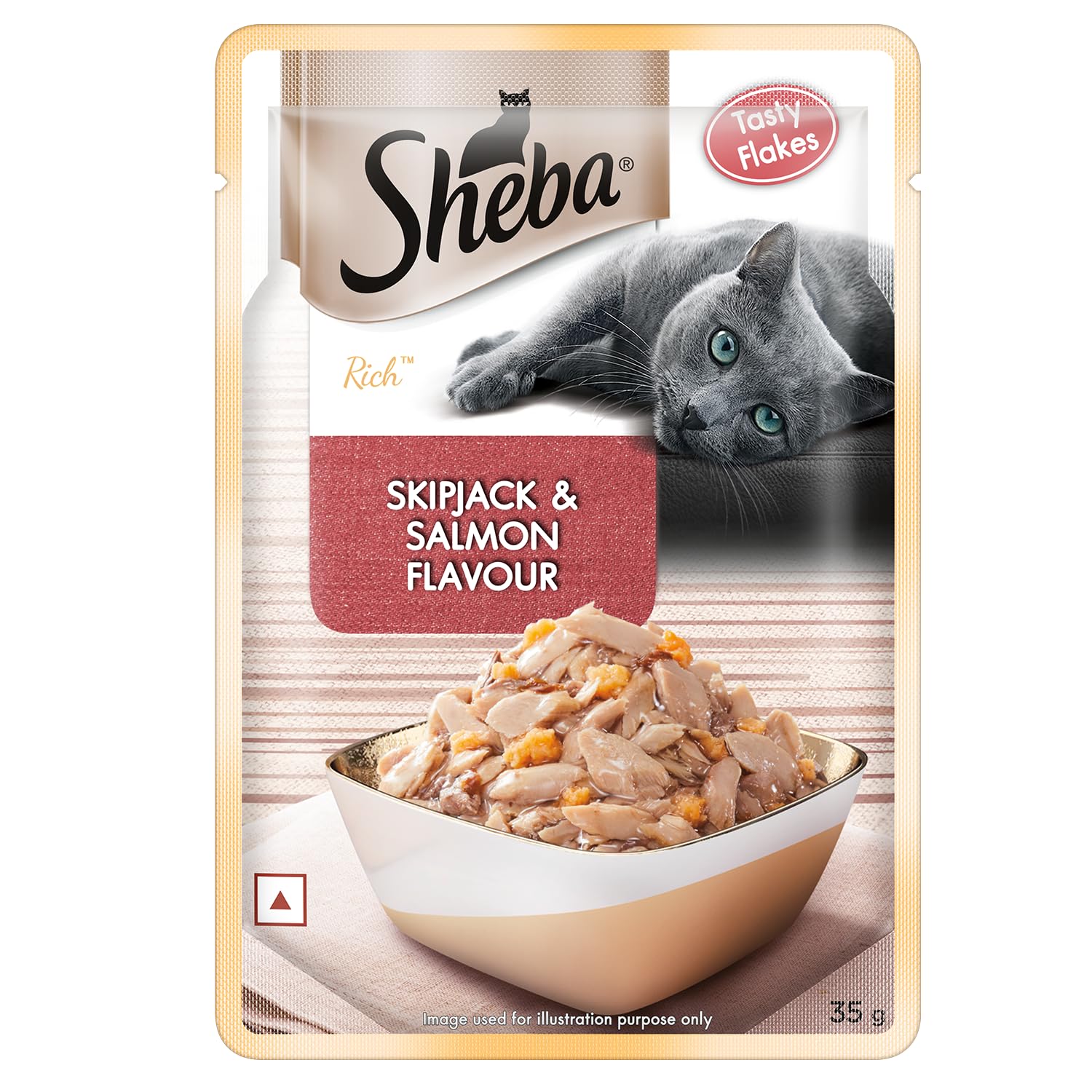 Sheba Rich Premium Adult (1+ Years) Wet Cat Food, Skipjack & Salmon Flavour, 35 g Pouch, High-Moisture Wet Food for Healthy Hydration