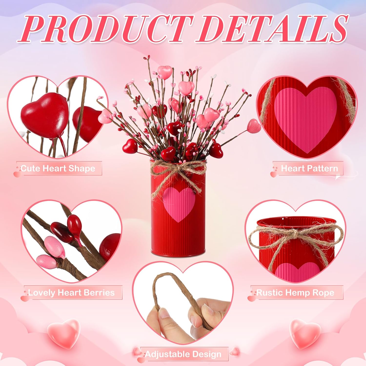 SiliFine Valentine's Day Table Centerpiece Decor Romantic Artificial Flower Stems Floral Heart Shaped Berry Picks with Metal Pots for Wedding Party Hotel Office Home Decoration (Red and Pink)