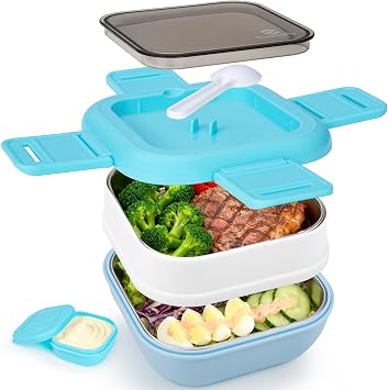 صندوق غداء للكبار من Sinnsally Bento Box مع حاوية من الفولاذ المقاوم للصدأ،حاوية تخزين طعام معدنية قابلة للغداء مع وعاء صلصة أزرق