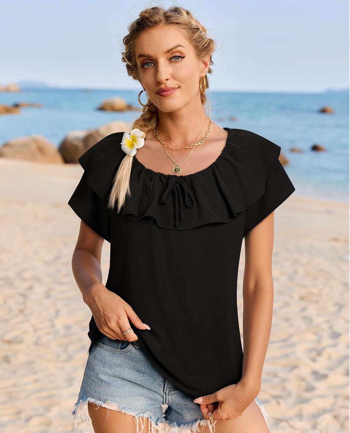 Off The Shoulder Tops for Women Boat Neck Blouses Casual Ruffle Short Sleeve Shirts Chiffon Summer Vacation Outfits - Image 6