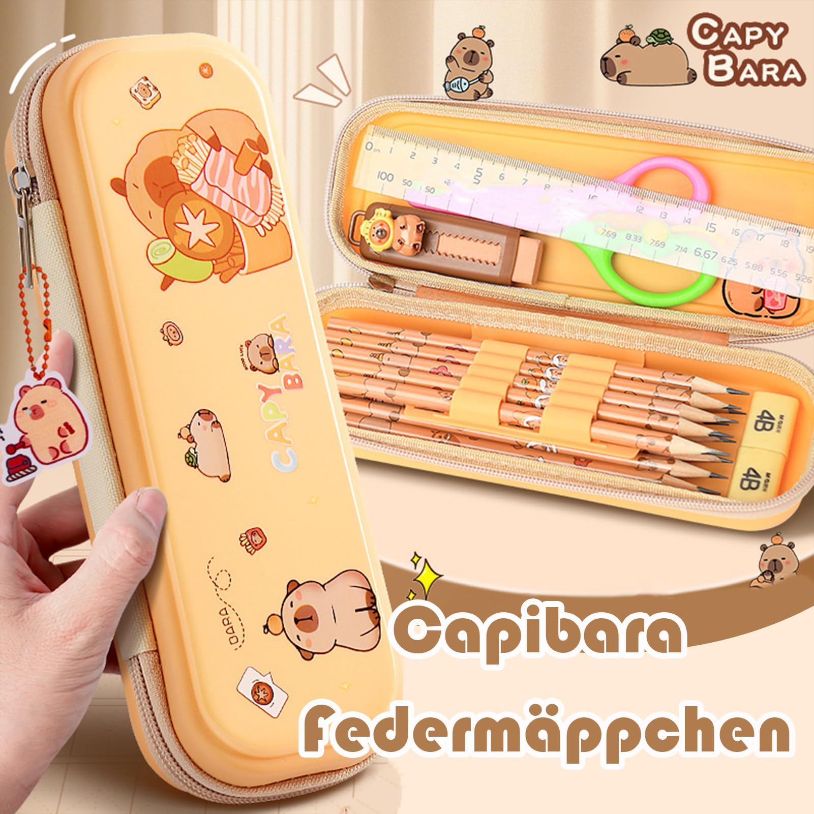 Set di cancelleria capibara, Astuccio per penne per studenti, Capybara stationery con matite, adesivi, temperamatite, Grazioso set regalo di cancelleria per bambini (B)