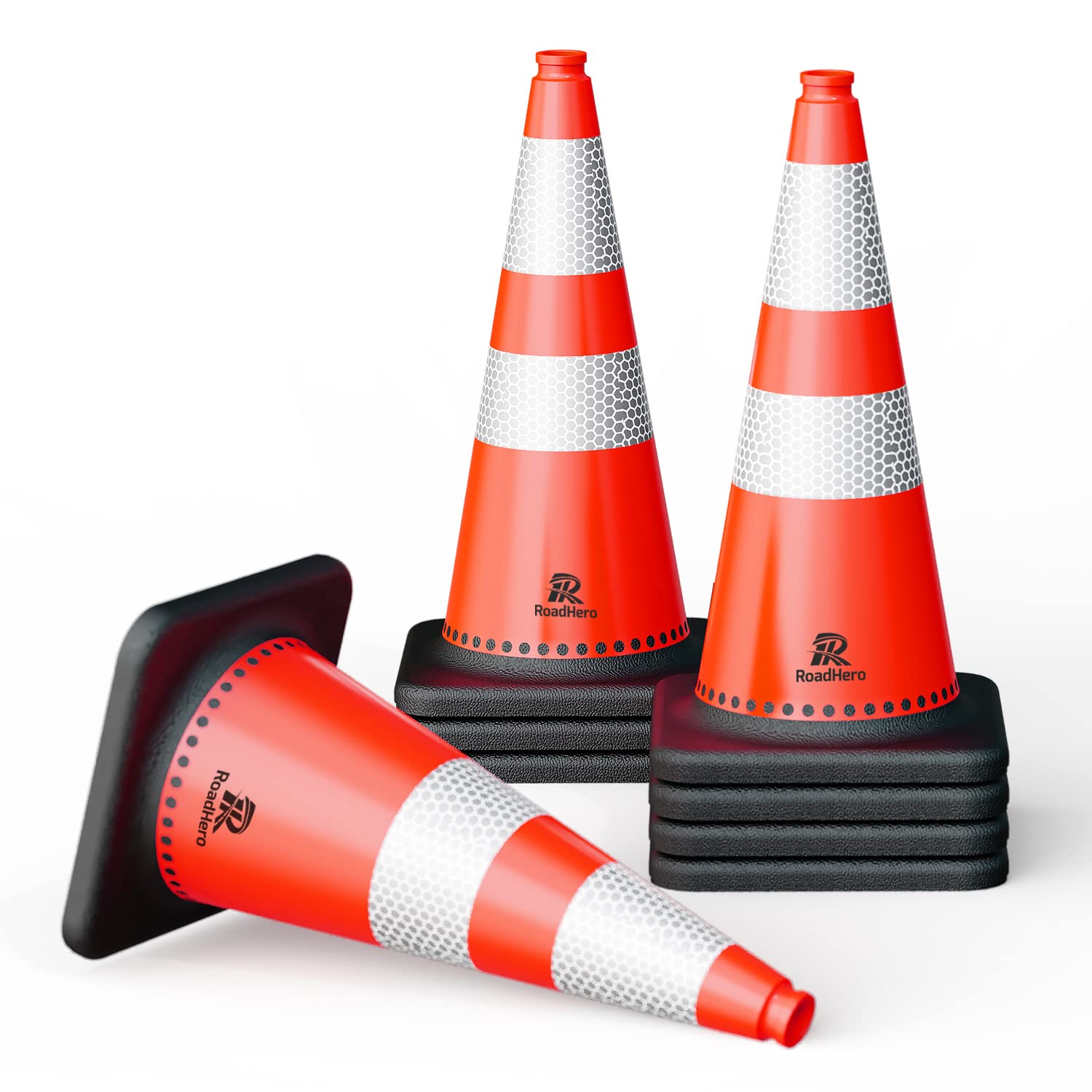 RoadHero (8 Pack) Traffic Safety Cones 28 Inch, PVC Cone with Black Weighted Base, Orange Cones with Reflective Collars for Parking Lot, Road Safety, Construction Events 28 INCH 8
