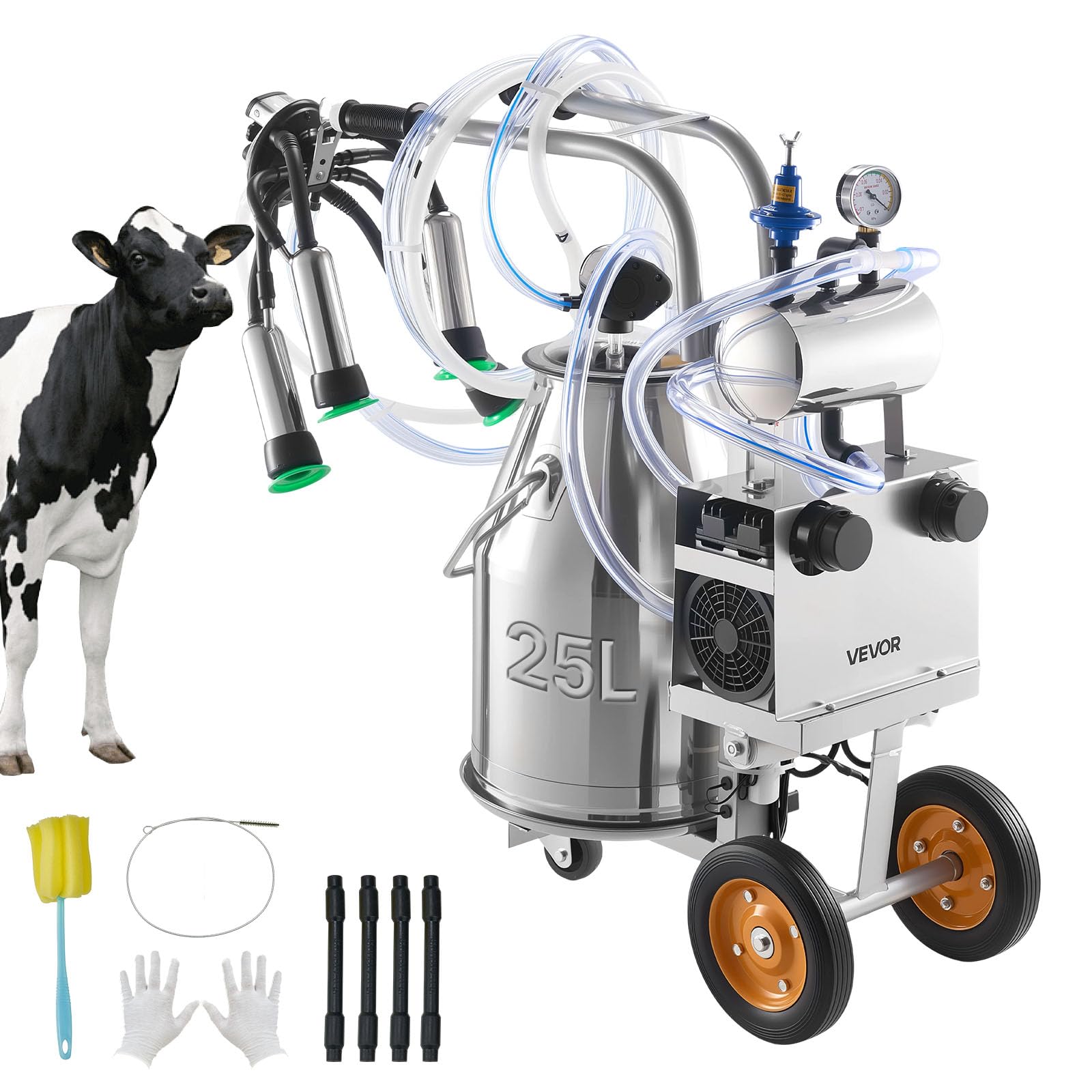 Photo 1 of *** USED/MINOR DAMAGE/MISSING PARTS UNKNOWN***VEVOR Electric Cow Milking Machine, 6.6 Gal / 25 L 304 Stainless Steel Bucket, Food-Grade Teat Cups and Silicone Hose, Strong Suction, Vacuum Pulsation, Electric Milker Machine with Wheels for Cow