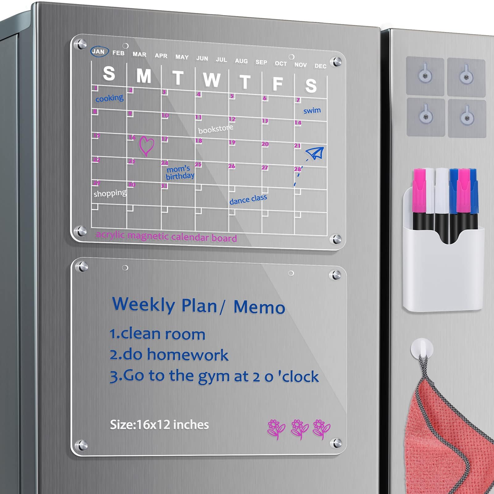 Acrylic Dry Erase Board,MOOACE Adhesive Calendar Planner Board for Fridge and Wall Set